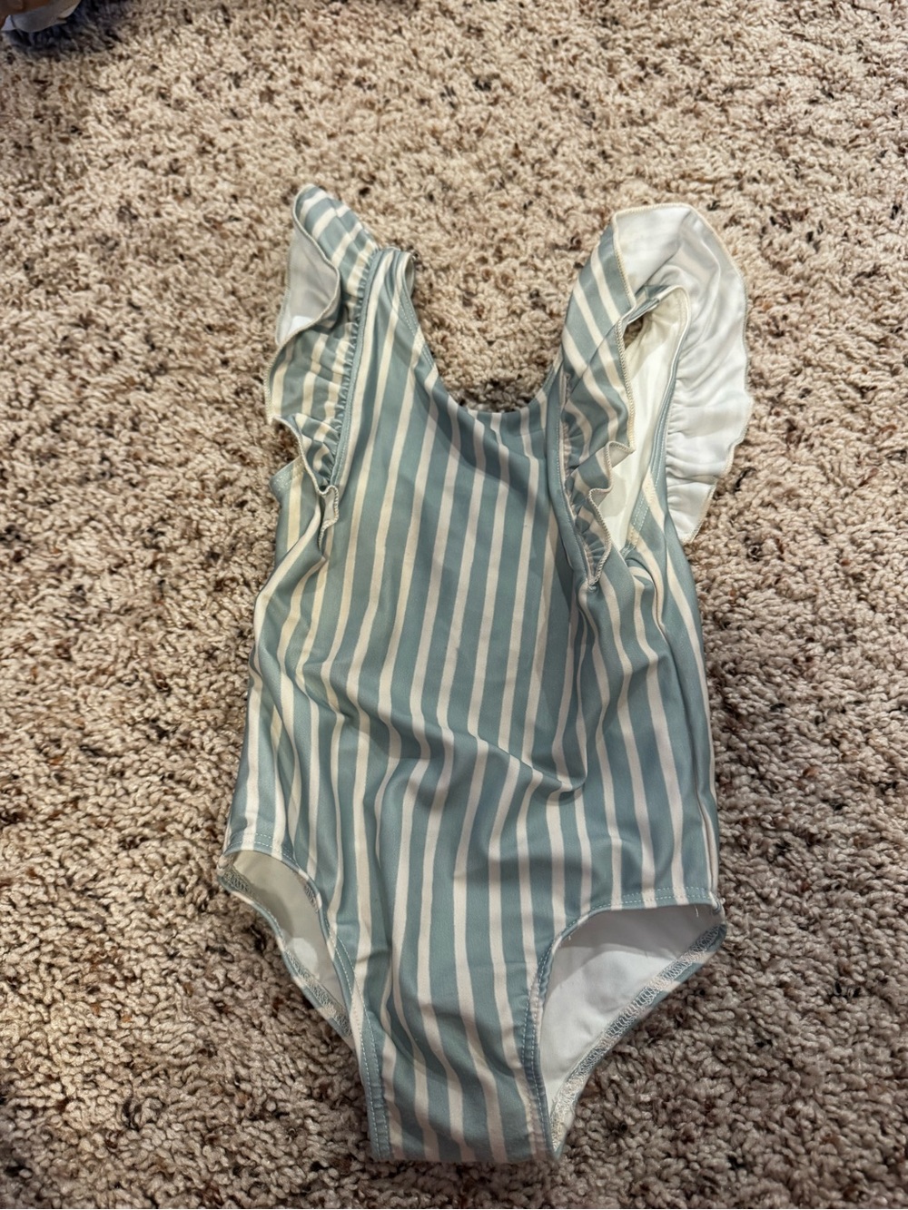 Striped Sage & White Flutter-Sleeve Kids One-Piece Swimsuit